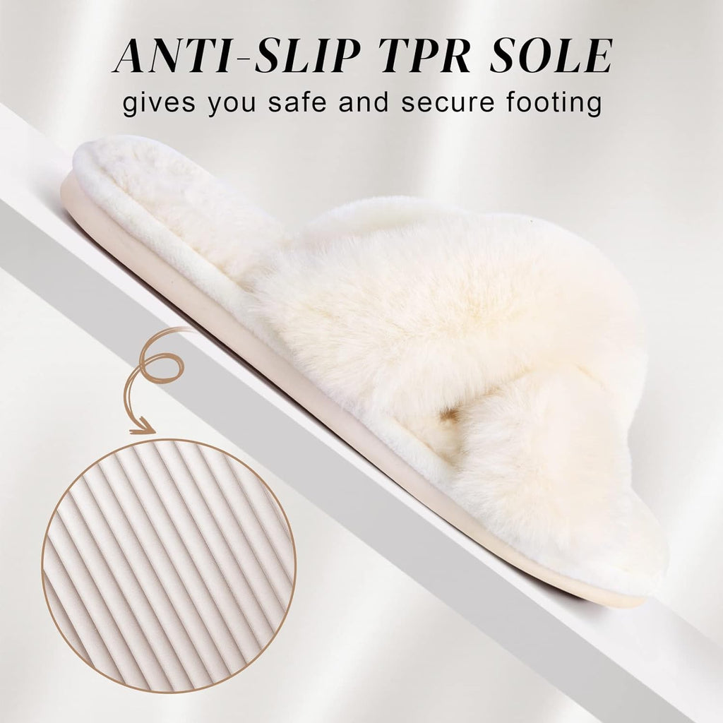 Women'S Fuzzy Slippers Comfy Cross Band House Shoes Memory Foam Open Toe Indoor Gifts for Ladies