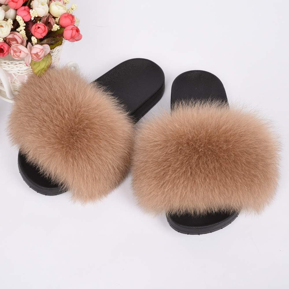 Real Fox Fur Slides for Women - Fluffy Fur Slippers Open Toe Flat Sandals for Outdoor