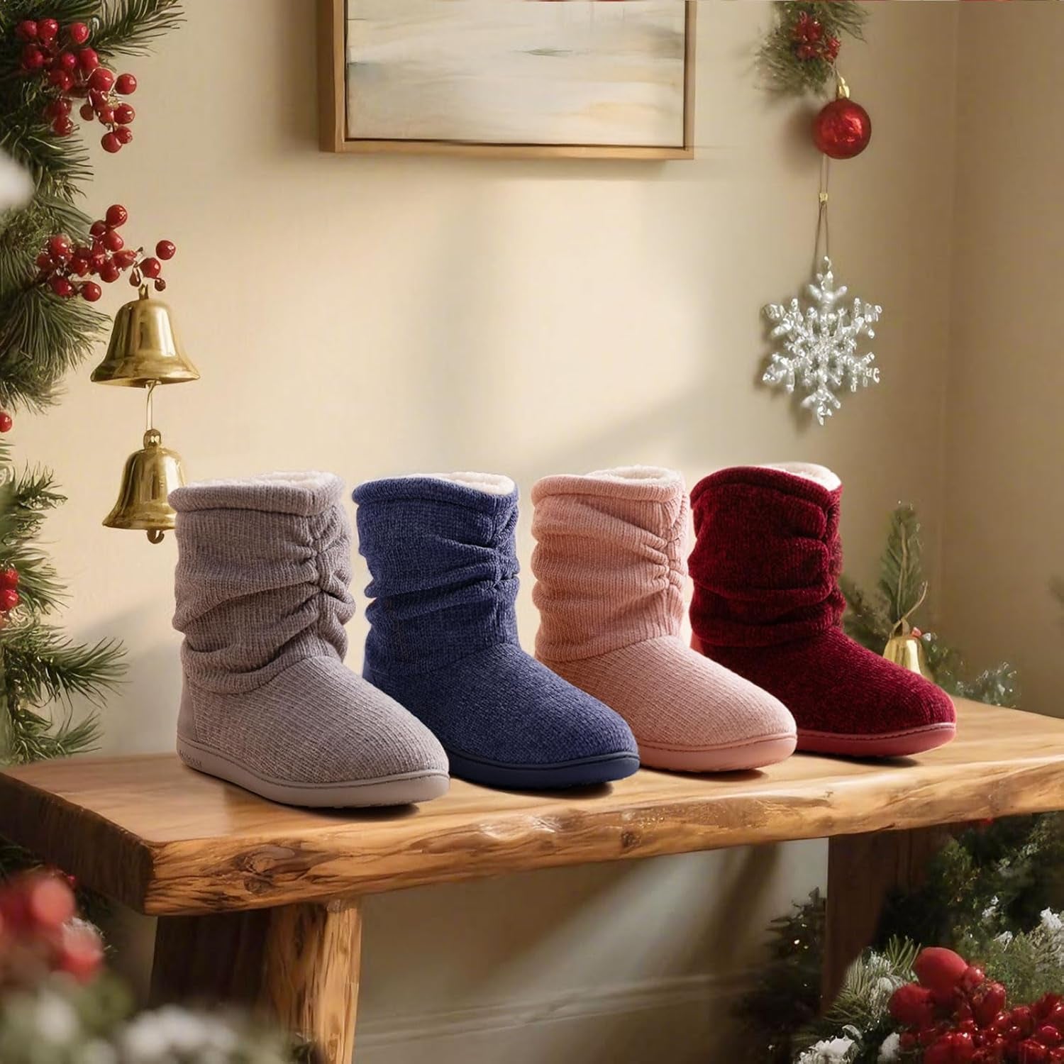 Women'S Cozy Winter Slipper Boots Warm Chenille Knit Bootie Memory Foam Non-Slip Indoor Outdoor House Shoes