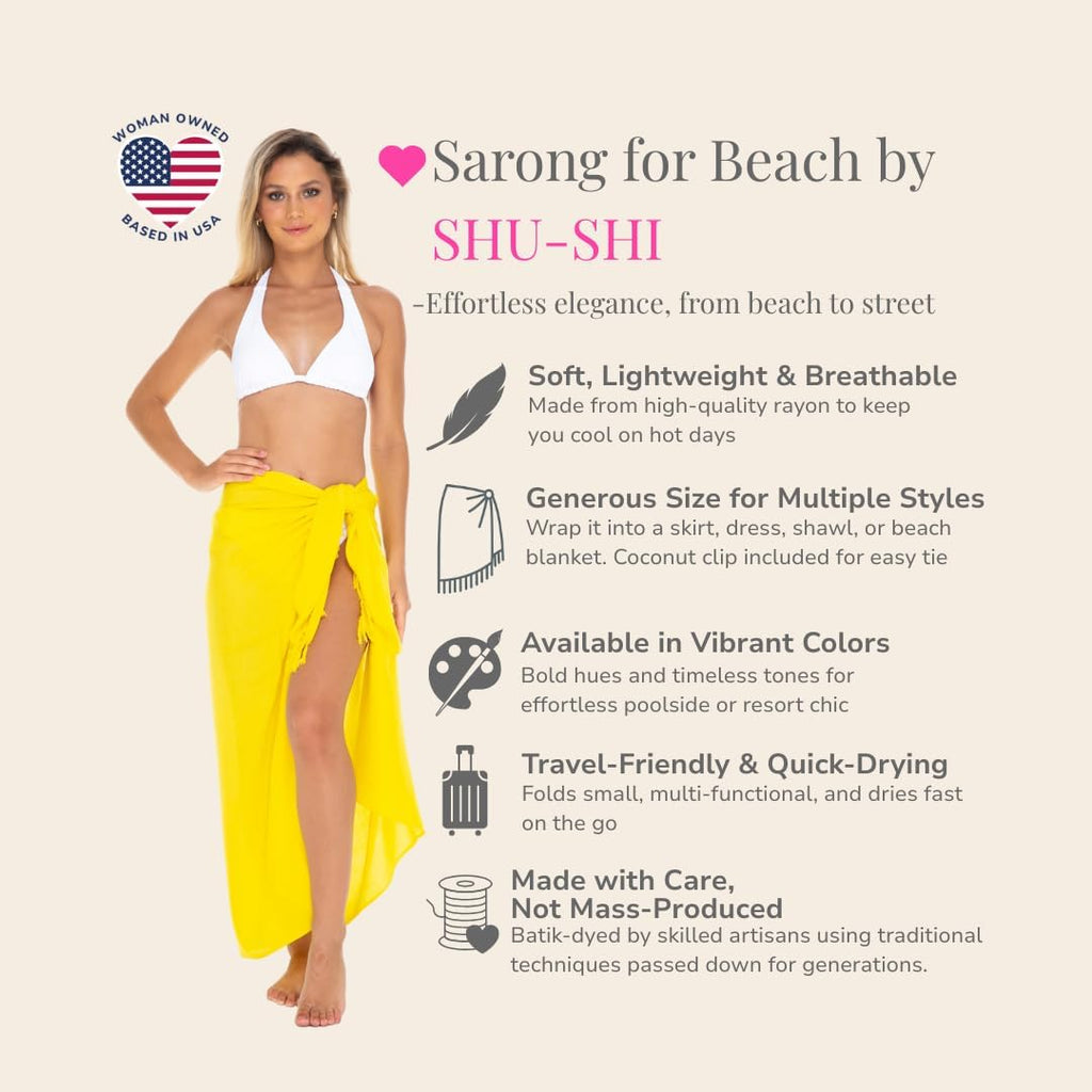 Sarong Swimsuit Coverup for Women Pareo Long Beach Bathing Suit Wrap with Coconut Clip