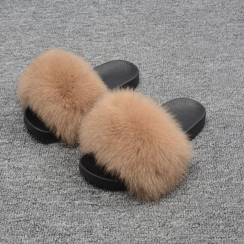 Real Fox Fur Slides for Women - Fluffy Fur Slippers Open Toe Flat Sandals for Outdoor